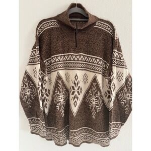 Caamano Alpaca Sweater Womens Large Brown Cream Hand Knit Snowflake Luxury Ski